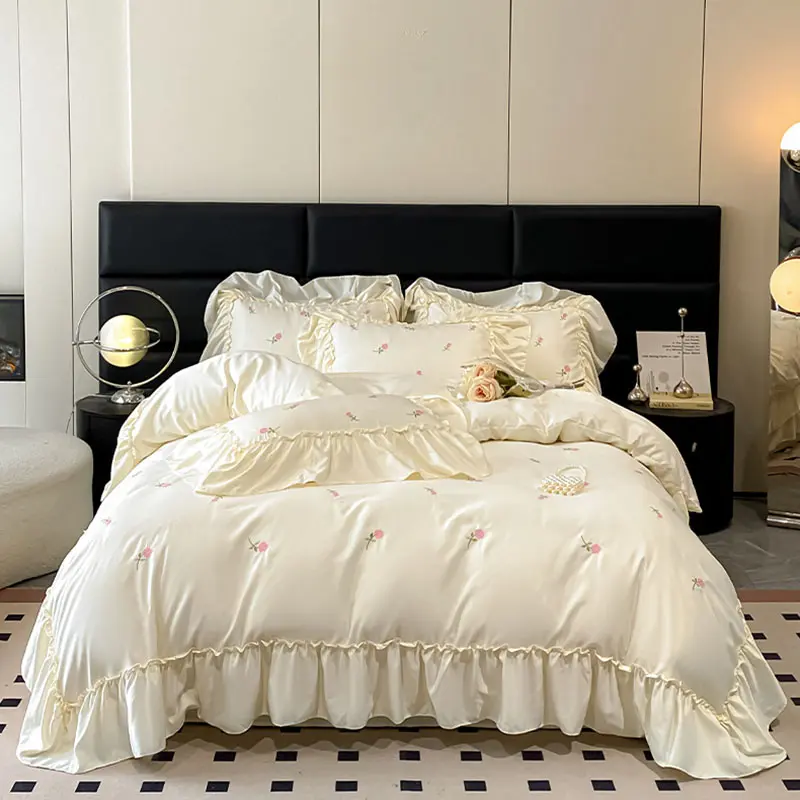 Ice Rayon Embroidered Bedding Sets with Lace Cooling Silky Cozy Comforter Set for Summer Naked Bed Linens for Home Dormitory