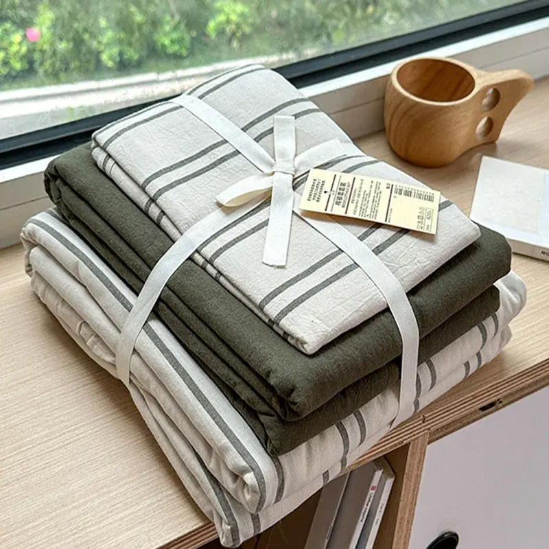 Nordic Style Striped Cotton Bed 4Pcs Breathable Skin-Friendly Fitted Sheet Set Bedclothes Student Dormitory Three Piece Sets