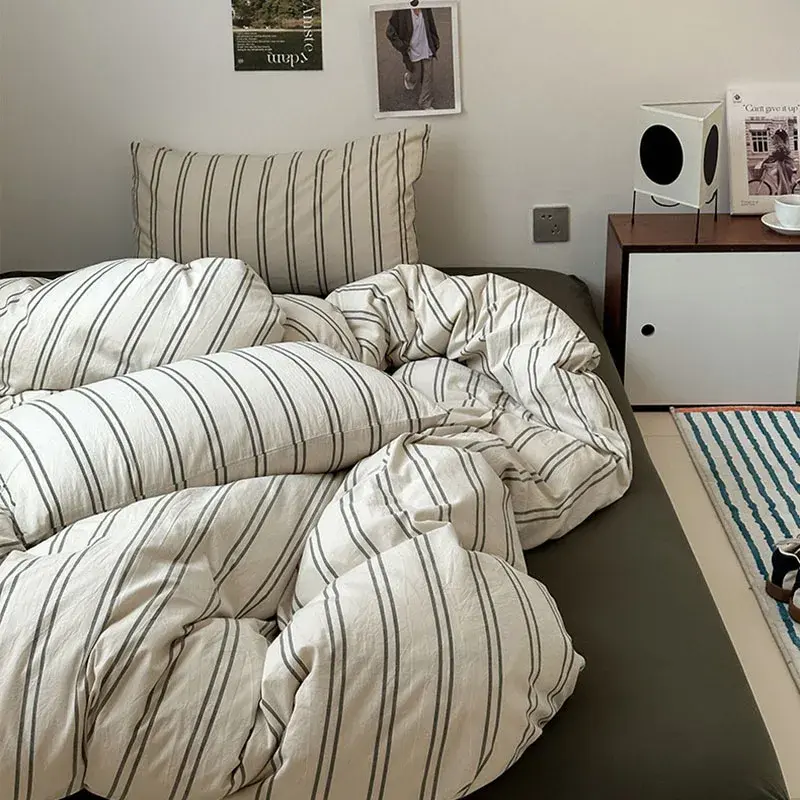 Nordic Style Striped Cotton Bed 4Pcs Breathable Skin-Friendly Fitted Sheet Set Bedclothes Student Dormitory Three Piece Sets