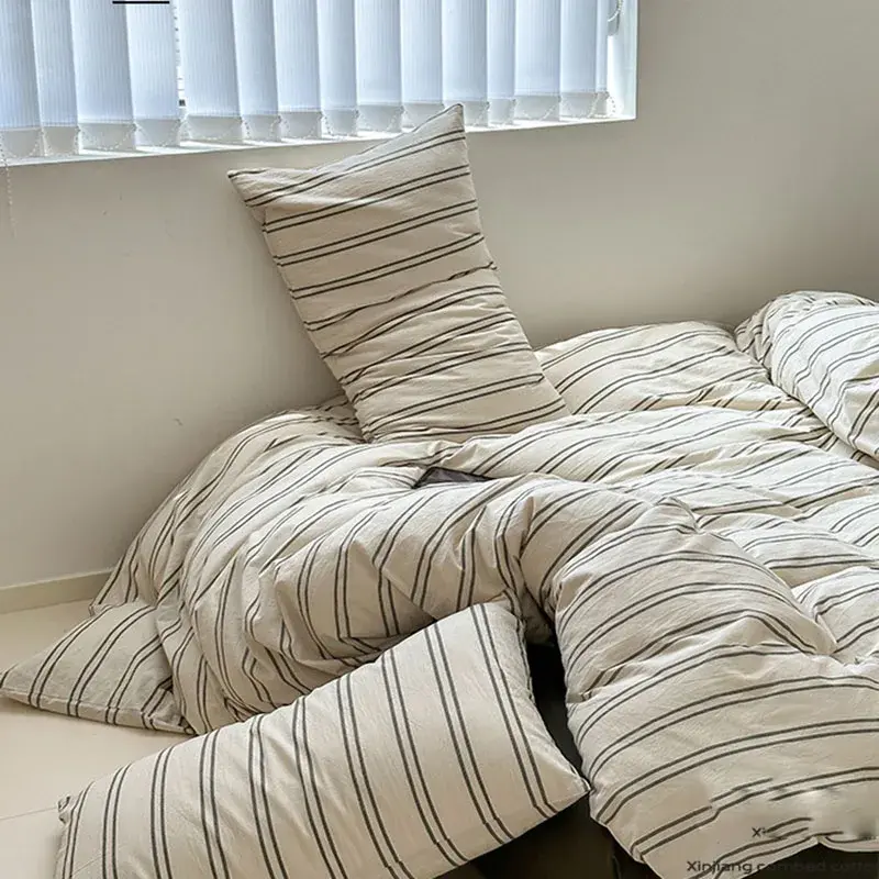 Nordic Style Striped Cotton Bed 4Pcs Breathable Skin-Friendly Fitted Sheet Set Bedclothes Student Dormitory Three Piece Sets