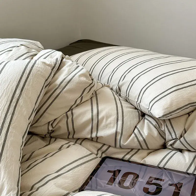 Nordic Style Striped Cotton Bed 4Pcs Breathable Skin-Friendly Fitted Sheet Set Bedclothes Student Dormitory Three Piece Sets