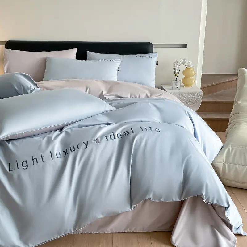 New 120S Long Staple Cotton Embroidery Bedding Set High-End Satin Solid Color Quilt Kit Twin Full Double Bed Comforter Sets