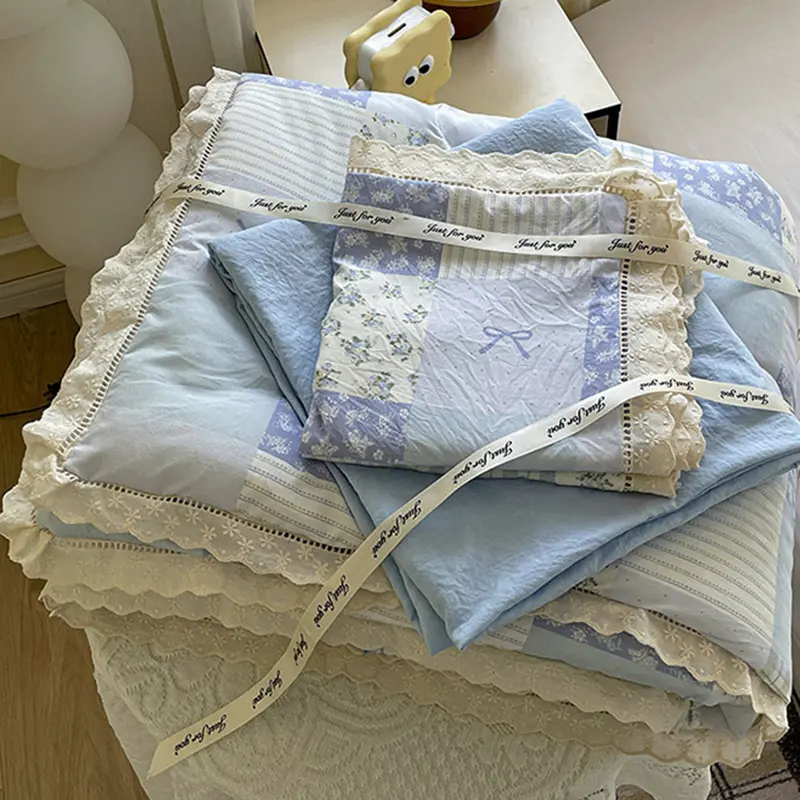 4Pcs Korean Style Hollow Lace Summer Quilt Set Flower Print Skin Friendly Cozy Duvet Cover Kit Bedding Sets for Single Size
