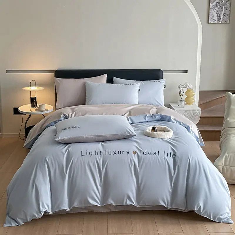 High Quality Pure Cotton Embroidered Bed Sets Solid Color Skin-Friendly Cozy Fitted Sheet Kit 1.5/1.8M Single Bed Comforter Sets