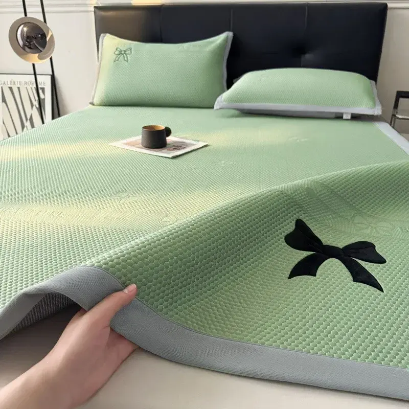 New Butterfly Knot Jacquard Ice Bean Cool Mat 2Pcs Set Breathable Soft Summer Cushion with Elastic Band Single Bed Pad for Child