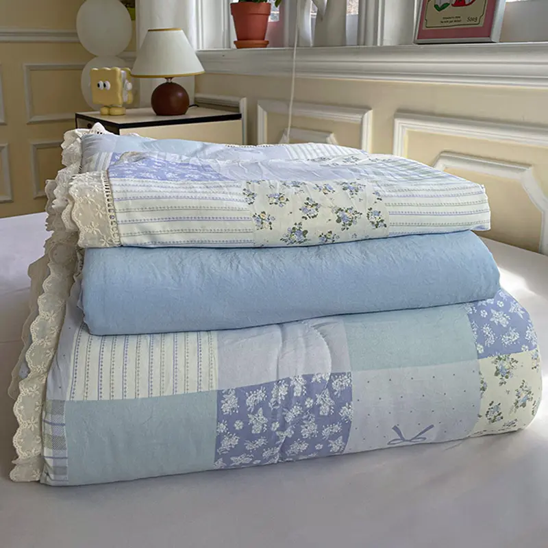 4Pcs Korean Style Hollow Lace Summer Quilt Set Flower Print Skin Friendly Cozy Duvet Cover Kit Bedding Sets for Single Size