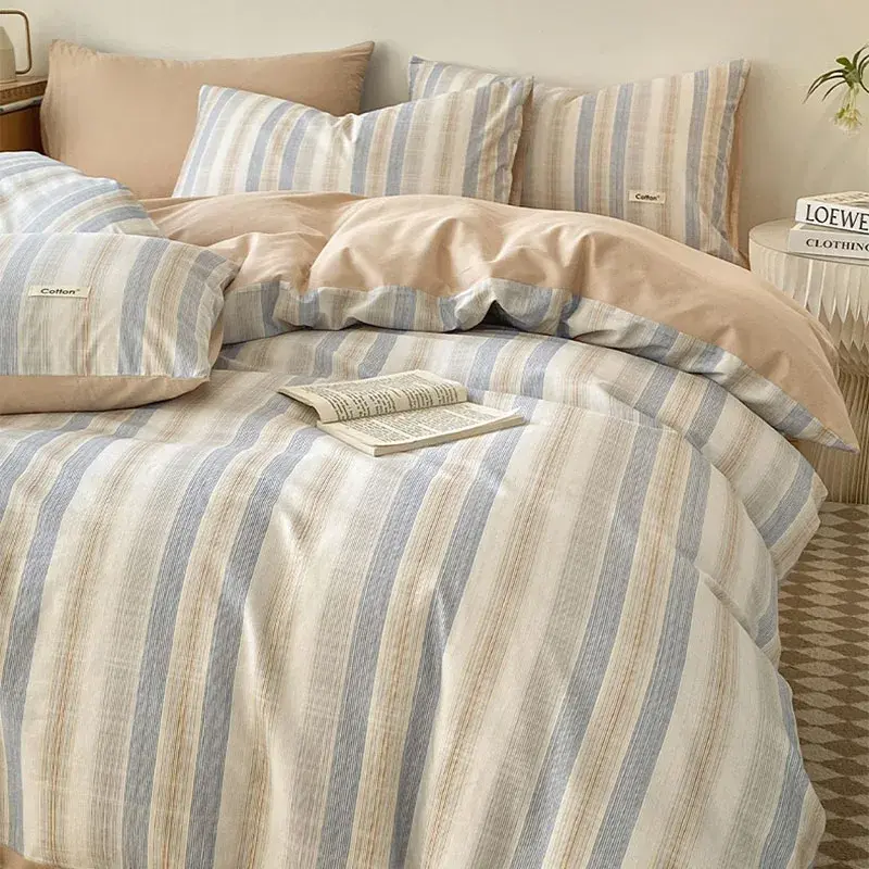 Nordic Style Striped Printed Bedding 4 Piece Sets 100% Cotton Simple Bed Sheet Duvet Cover Home Dormitory Comfort Set for Adults