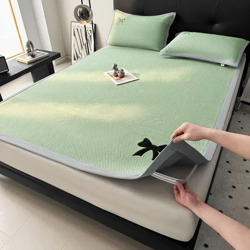 New Butterfly Knot Jacquard Ice Bean Cool Mat 2Pcs Set Breathable Soft Summer Cushion with Elastic Band Single Bed Pad for Child