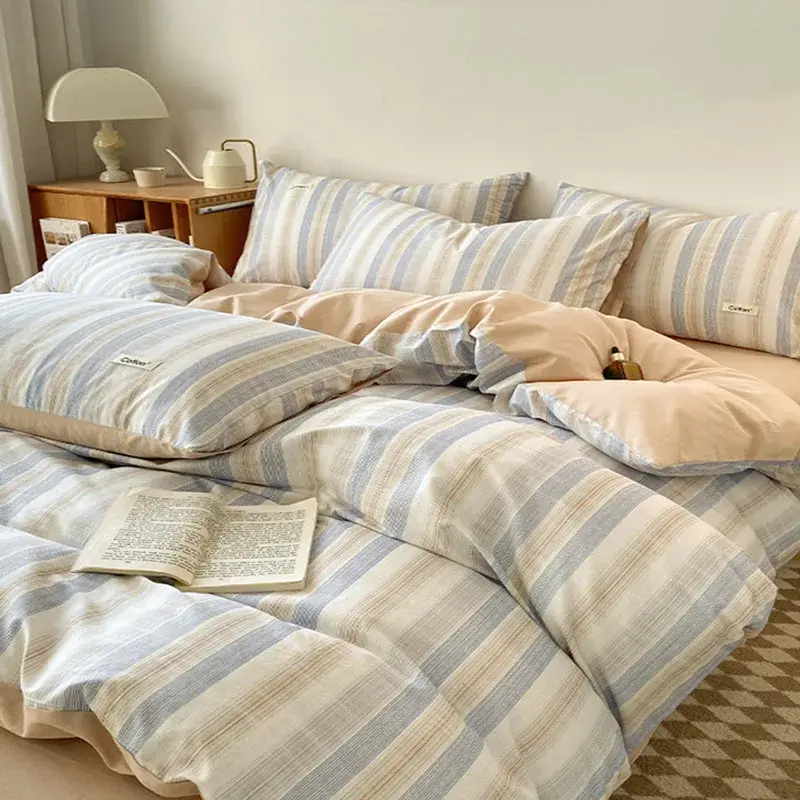Nordic Style Striped Printed Bedding 4 Piece Sets 100% Cotton Simple Bed Sheet Duvet Cover Home Dormitory Comfort Set for Adults