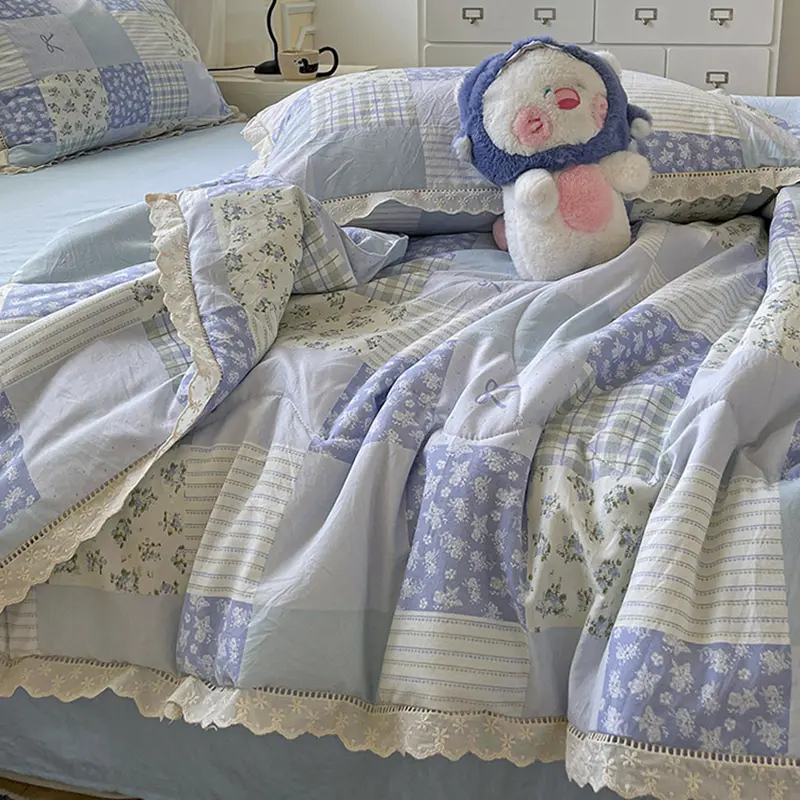 4Pcs Korean Style Hollow Lace Summer Quilt Set Flower Print Skin Friendly Cozy Duvet Cover Kit Bedding Sets for Single Size