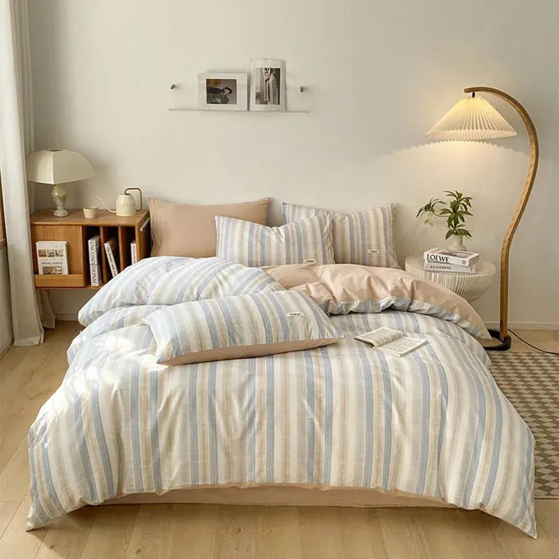 Nordic Style Striped Printed Bedding 4 Piece Sets 100% Cotton Simple Bed Sheet Duvet Cover Home Dormitory Comfort Set for Adults