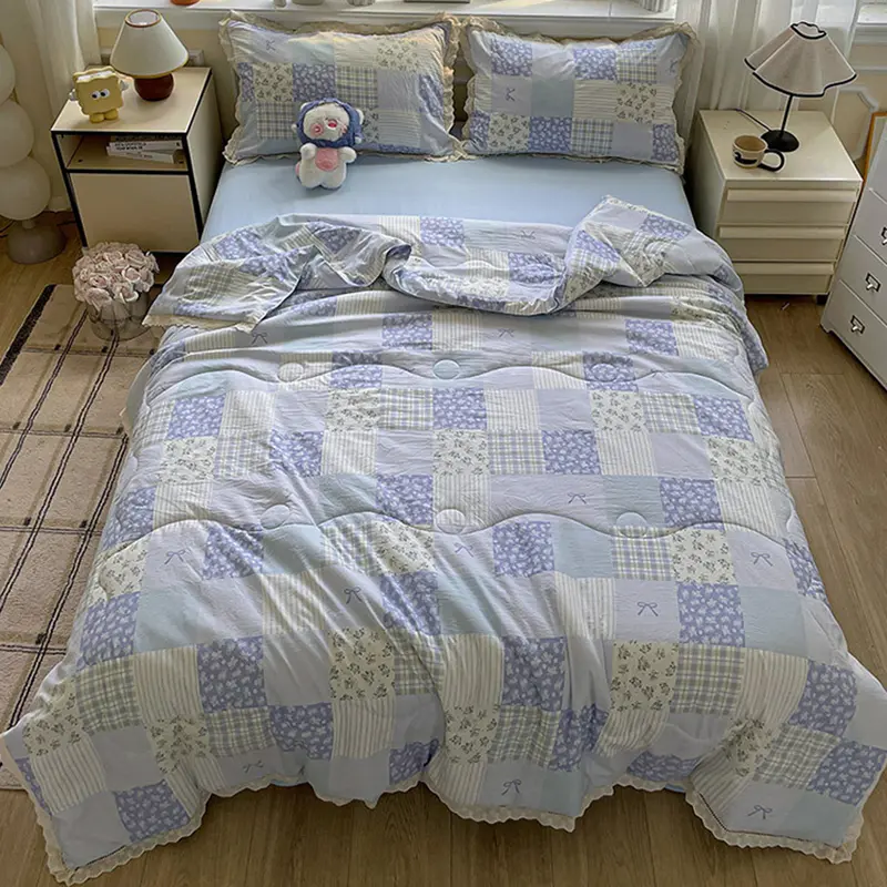 4Pcs Korean Style Hollow Lace Summer Quilt Set Flower Print Skin Friendly Cozy Duvet Cover Kit Bedding Sets for Single Size