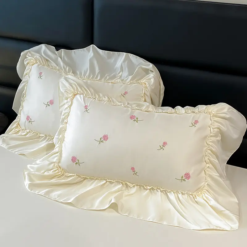 Princess Ice Silk Embroidery Bedding Sets Korean Summer Rayon Silky Duvet Set with Lace Naked Sleeping Soft Cozy Bedclothes