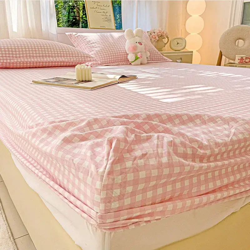 New Ultra-Thin Grid Pattern Fitted Sheet Set Washed Cotton Skin-Friendly Mattress Dust Cover Soft Breathable Household Mat