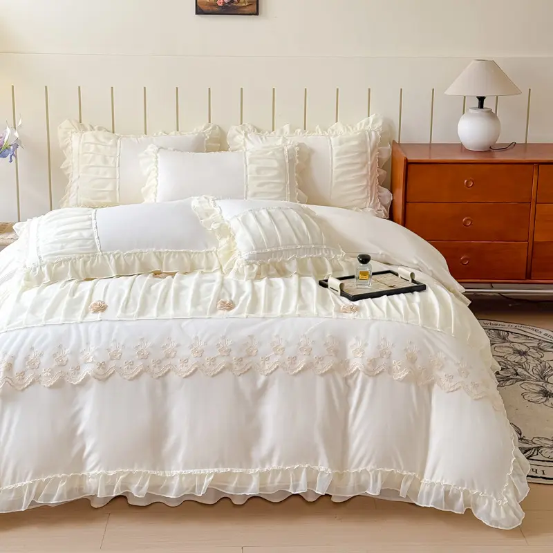 Luxury Solid Color Bed Skirt Bedding Sets with Lace Silky Breathable Bedclothes for Home All Seasons Single Double Bedspread Kit
