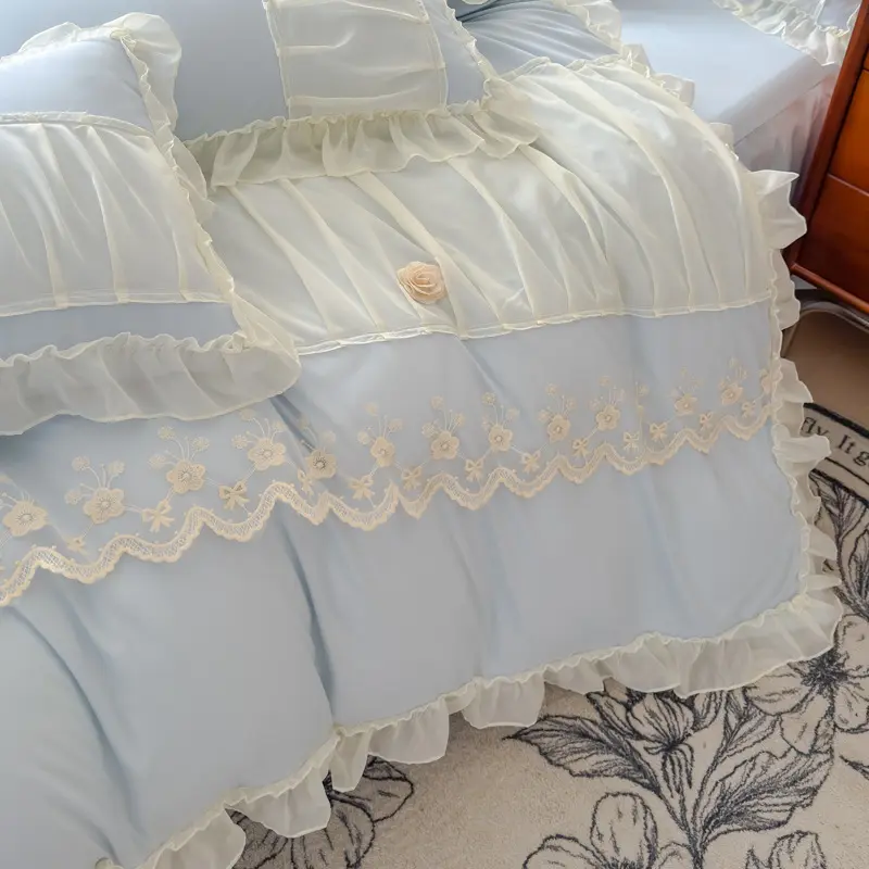 Luxury Solid Color Bed Skirt Bedding Sets with Lace Silky Breathable Bedclothes for Home All Seasons Single Double Bedspread Kit