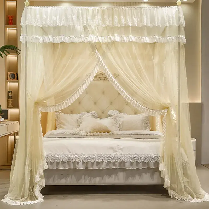 Double Layered Lace Princess 3-Door Mosquito Nets Dustproof and Blackout Floor Bed Curtain Comfortable Tent with Painted Bracket