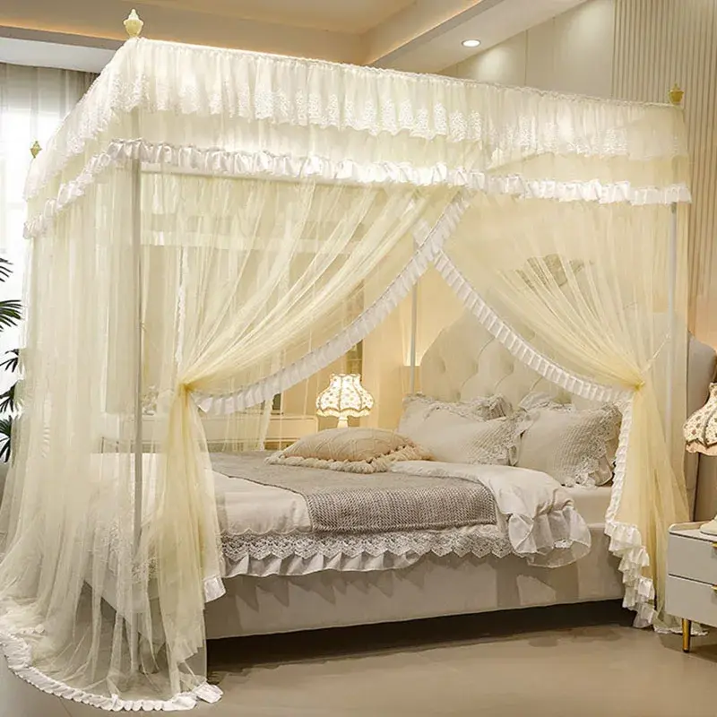 Double Layered Lace Princess 3-Door Mosquito Nets Dustproof and Blackout Floor Bed Curtain Comfortable Tent with Painted Bracket