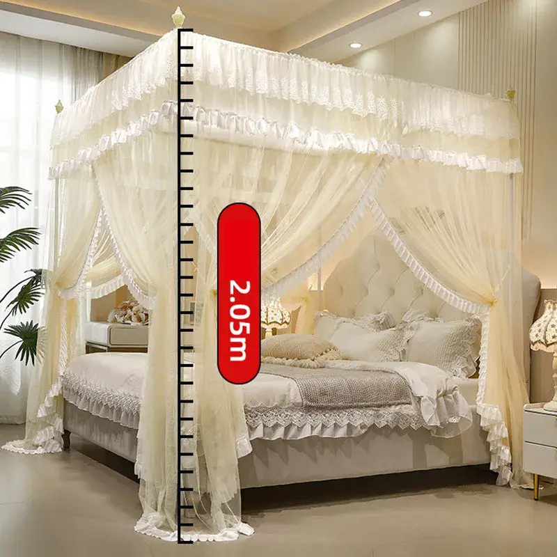 Double Layered Lace Princess 3-Door Mosquito Nets Dustproof and Blackout Floor Bed Curtain Comfortable Tent with Painted Bracket