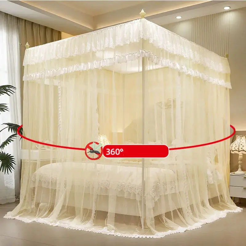 Double Layered Lace Princess 3-Door Mosquito Nets Dustproof and Blackout Floor Bed Curtain Comfortable Tent with Painted Bracket