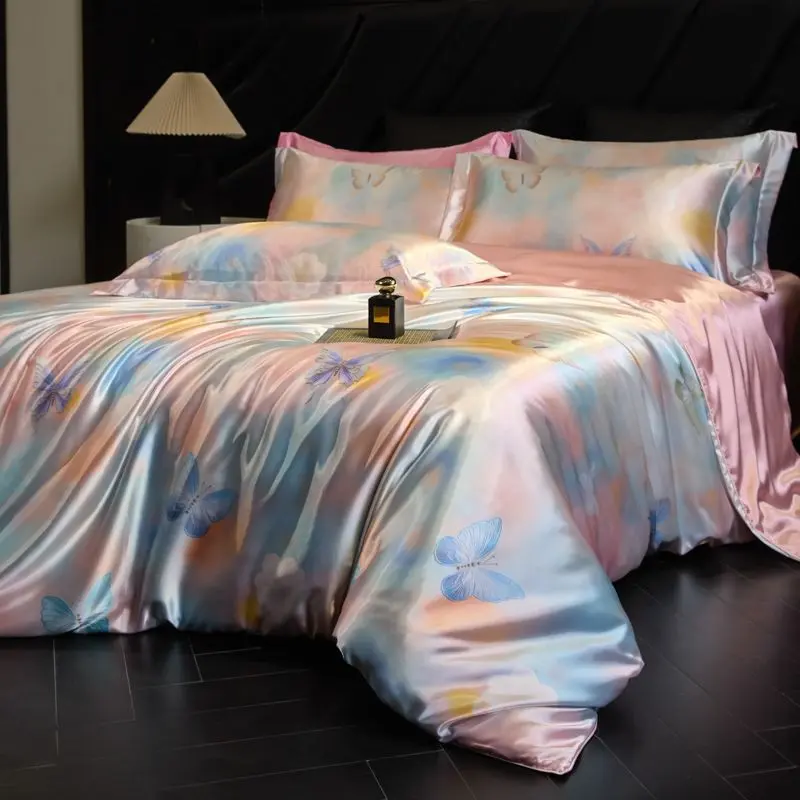 Printed Natural Mulberry Silk Bedding Sets American Summer Cool and Comfortable Bedclothes Premium Colorfast Bedsheet Set