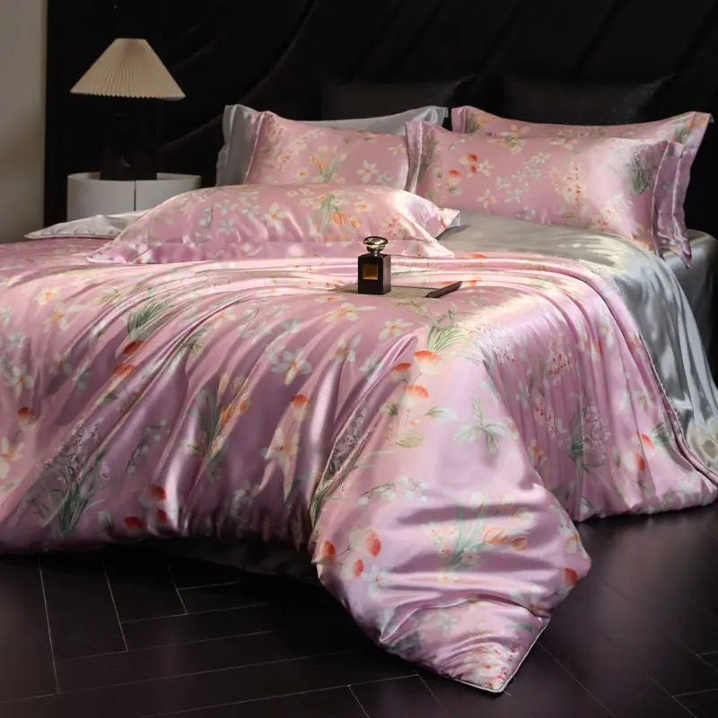 Printed Natural Mulberry Silk Bedding Sets American Summer Cool and Comfortable Bedclothes Premium Colorfast Bedsheet Set