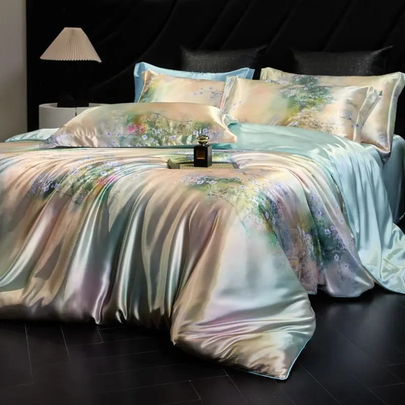 Printed Natural Mulberry Silk Bedding Sets American Summer Cool and Comfortable Bedclothes Premium Colorfast Bedsheet Set