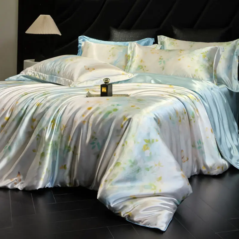 Printed Natural Mulberry Silk Bedding Sets American Summer Cool and Comfortable Bedclothes Premium Colorfast Bedsheet Set