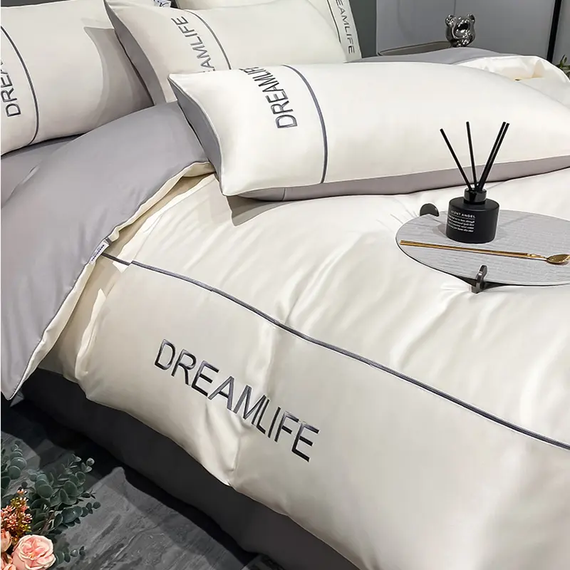 Summer Satin Silk Embroidery Bedding Sets Cool Silk Fitted Sheet Duvet Cover Pillowcase Natural Cozy Bed Set for Good Sleep