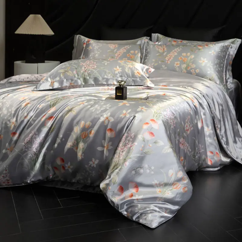 100% Natural Mulberry Silk Fitted Sheet Bedding Sets 3D Printed Satin Cooling Quilt Set for Summer Single Double Size Bed Kit
