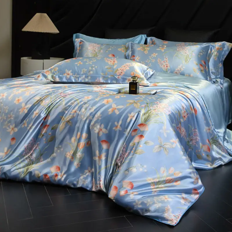 100% Natural Mulberry Silk Fitted Sheet Bedding Sets 3D Printed Satin Cooling Quilt Set for Summer Single Double Size Bed Kit