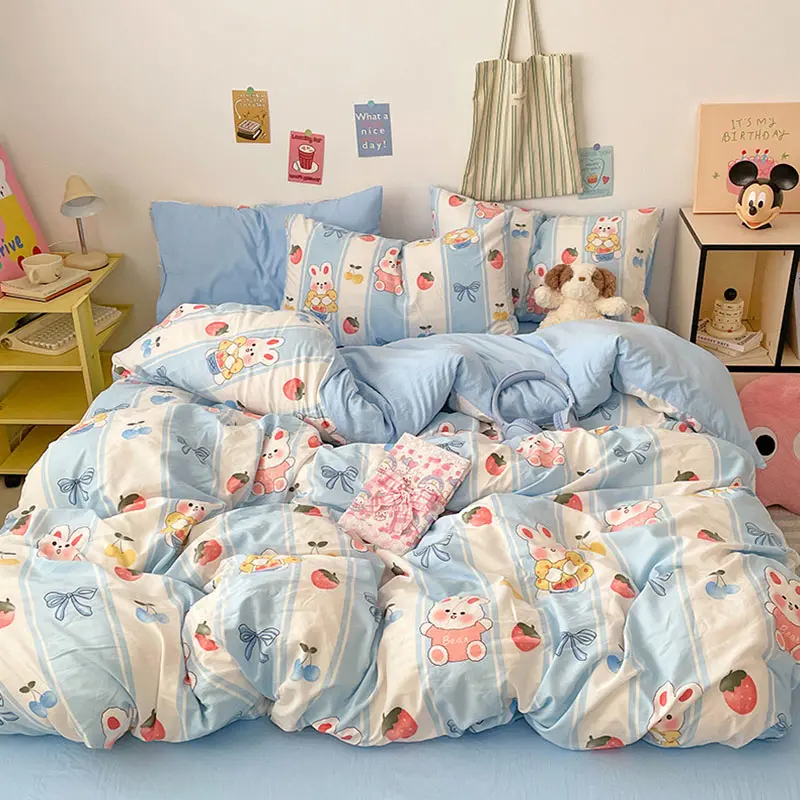 Cartoon Pattern Skin Friendly Cotton Bed Sets Sweet Cozy Quilt Cover Bed Sheet Pillowcase Twin Full Queen King Size Bedclothes