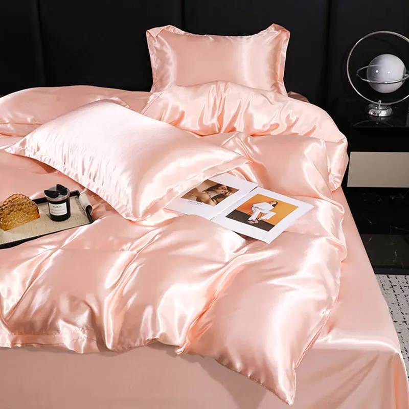 2025 New Ice Rayon Duvet Cover with Pillowcase Set Solid Color Satin Smooth Comforter Cover Single and Double Size Bedclothes