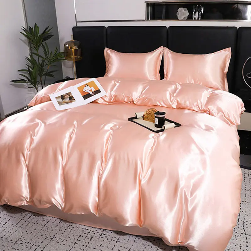 2025 New Ice Rayon Duvet Cover with Pillowcase Set Solid Color Satin Smooth Comforter Cover Single and Double Size Bedclothes