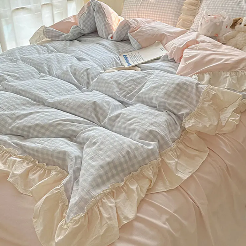 Korean Grid Printed Bedding Set with Lace Washed Cotton Skin Friendly Comfortable Comforter Sets Single Double Queen Bedclothes