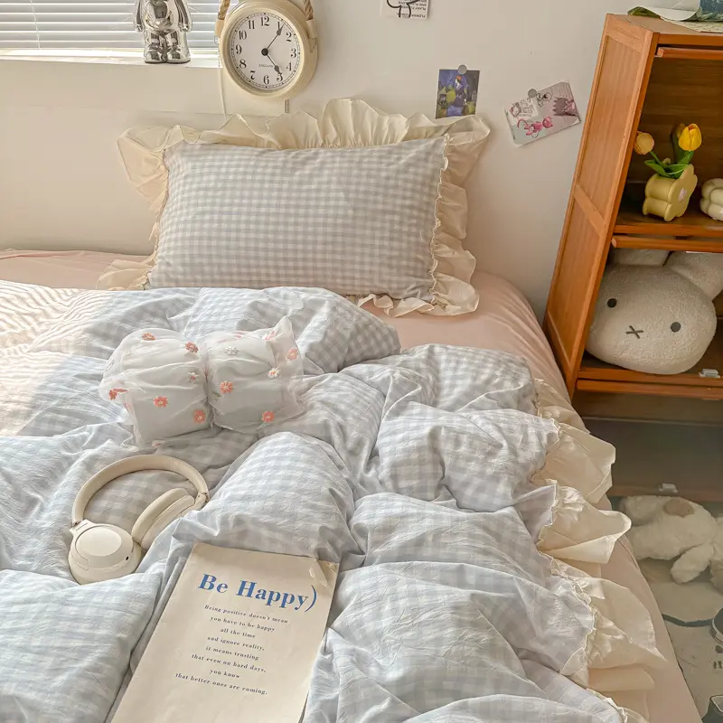 Korean Grid Printed Bedding Set with Lace Washed Cotton Skin Friendly Comfortable Comforter Sets Single Double Queen Bedclothes