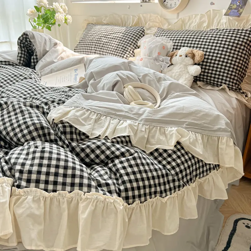 Korean Grid Printed Bedding Set with Lace Washed Cotton Skin Friendly Comfortable Comforter Sets Single Double Queen Bedclothes