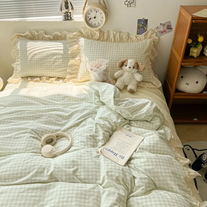 Korean Grid Printed Bedding Set with Lace Washed Cotton Skin Friendly Comfortable Comforter Sets Single Double Queen Bedclothes