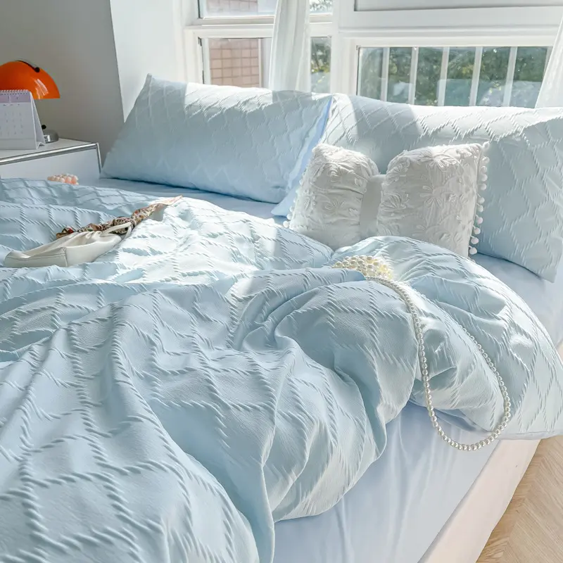 Solid Diamond Grid Jacquard Bedding Sets Cooling Cozy Soft Duvet Cover for Summer Autumn Single/double or Queen/king Bed Set
