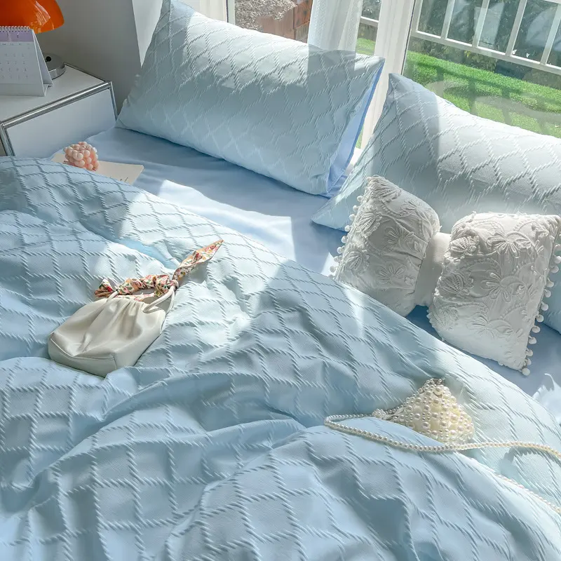 Solid Diamond Grid Jacquard Bedding Sets Cooling Cozy Soft Duvet Cover for Summer Autumn Single/double or Queen/king Bed Set