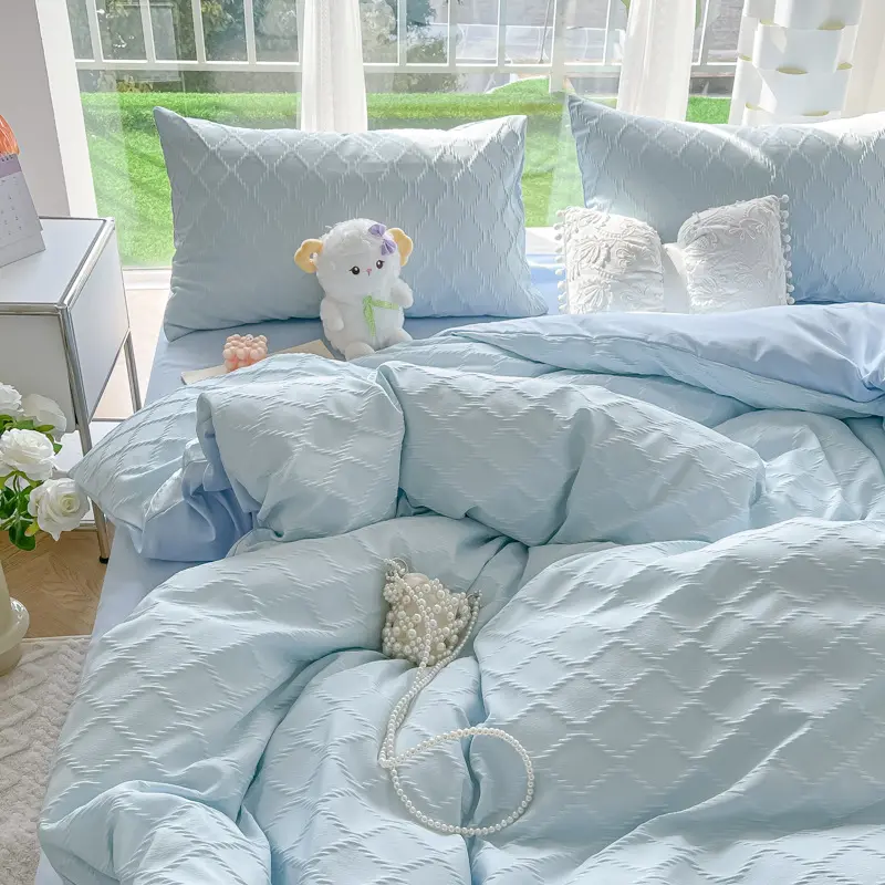 Solid Diamond Grid Jacquard Bedding Sets Cooling Cozy Soft Duvet Cover for Summer Autumn Single/double or Queen/king Bed Set