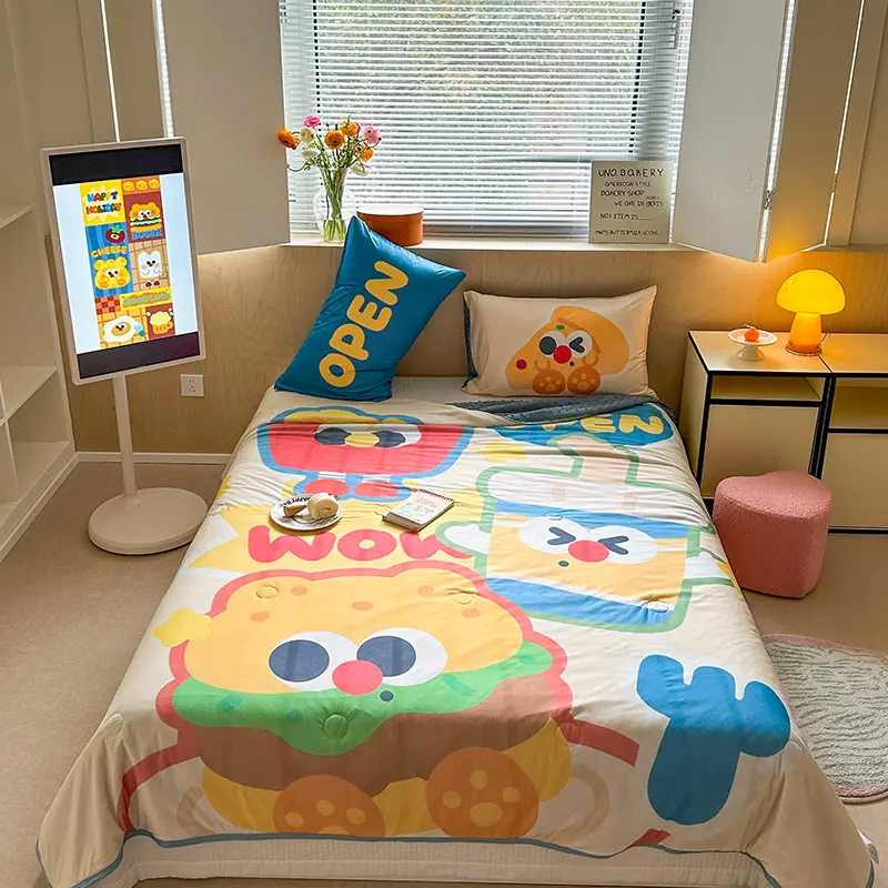 Cool Feeling Summer Comforter For Boys Girls Cartoon Burger Patchwork Quilts Pink Soft Duvet Home 3D Beans Throw Kids Bedding