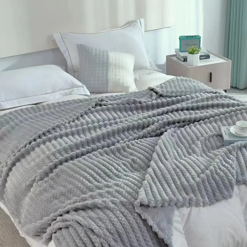 Flannel Blanket Soft Grey Coral Fleece Thick Quilt Bedding Nap Blankets Warm Cozy Solid Stripe Sofa Sleep Cover Bedspread Single
