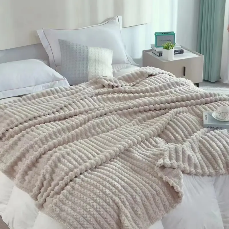 Flannel Blanket Soft Grey Coral Fleece Thick Quilt Bedding Nap Blankets Warm Cozy Solid Stripe Sofa Sleep Cover Bedspread Single