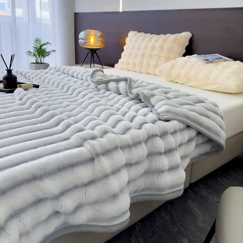150*200cm Grey Stripe Imitation Rabbit Velvet Blanket,Soft Summer Quilt Single Autumn Winter Warm Flannel Fleece Throw Bed Cover
