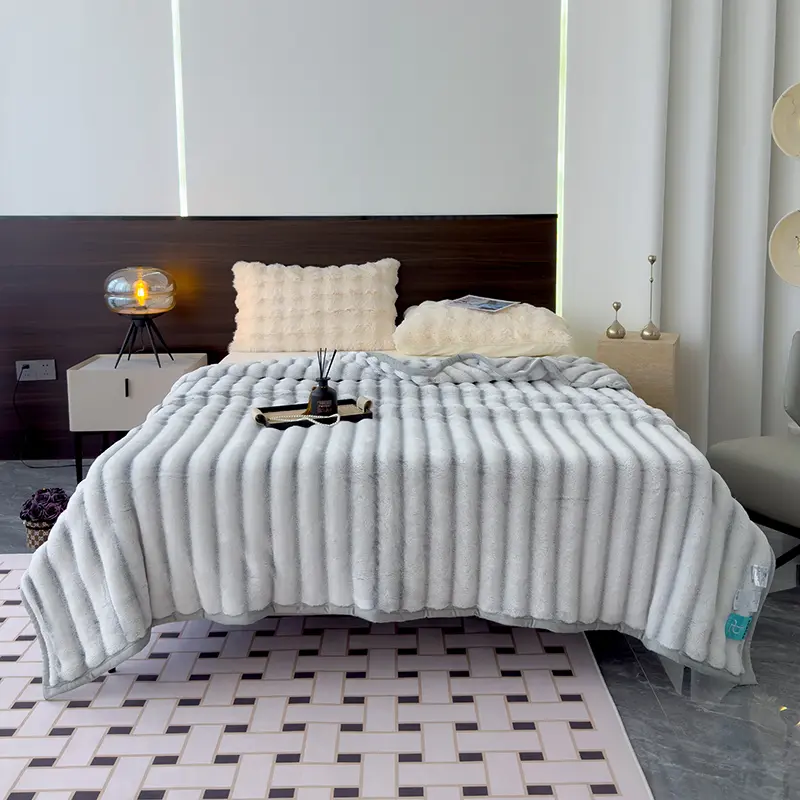 150*200cm Grey Stripe Imitation Rabbit Velvet Blanket,Soft Summer Quilt Single Autumn Winter Warm Flannel Fleece Throw Bed Cover