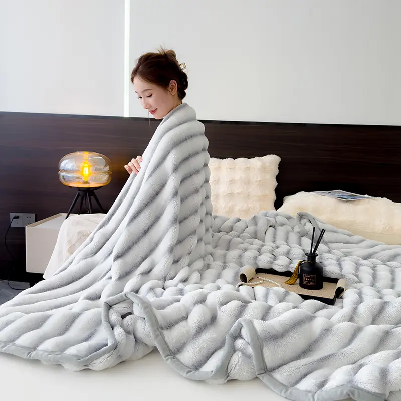 150*200cm Grey Stripe Imitation Rabbit Velvet Blanket,Soft Summer Quilt Single Autumn Winter Warm Flannel Fleece Throw Bed Cover