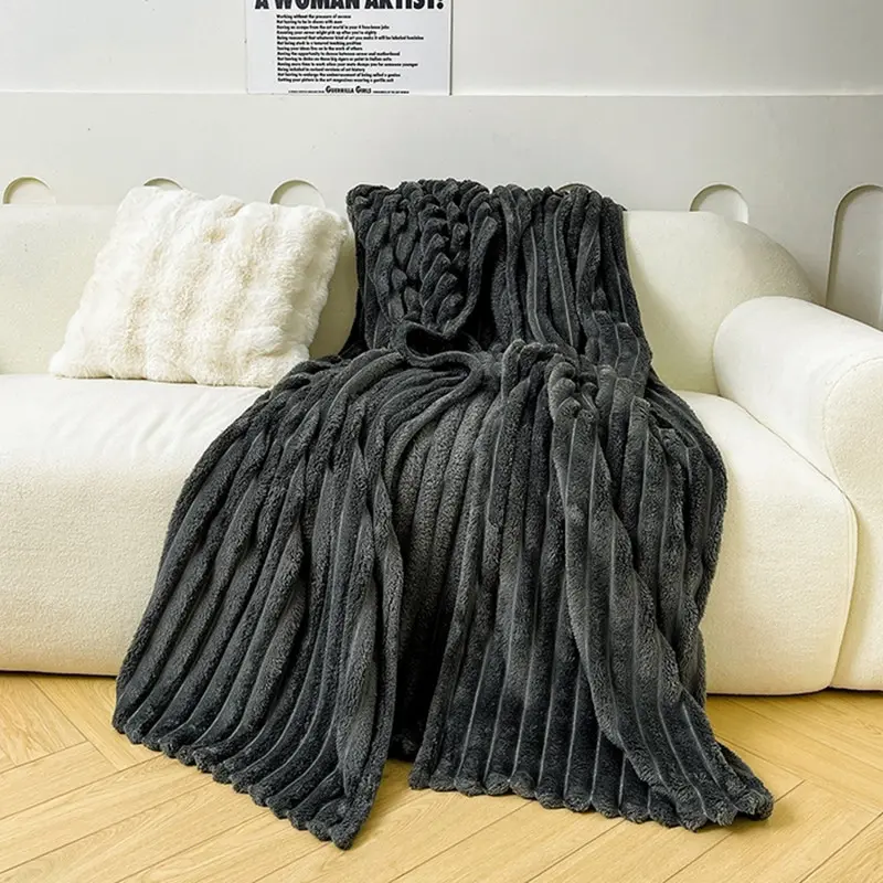 Fluffy Flannel Blankets,Stripe Coral Fleece Throw,Sofa Bed Cover Bedspread Soft Plaid Office Home Blankets Summer Quilt 150*200