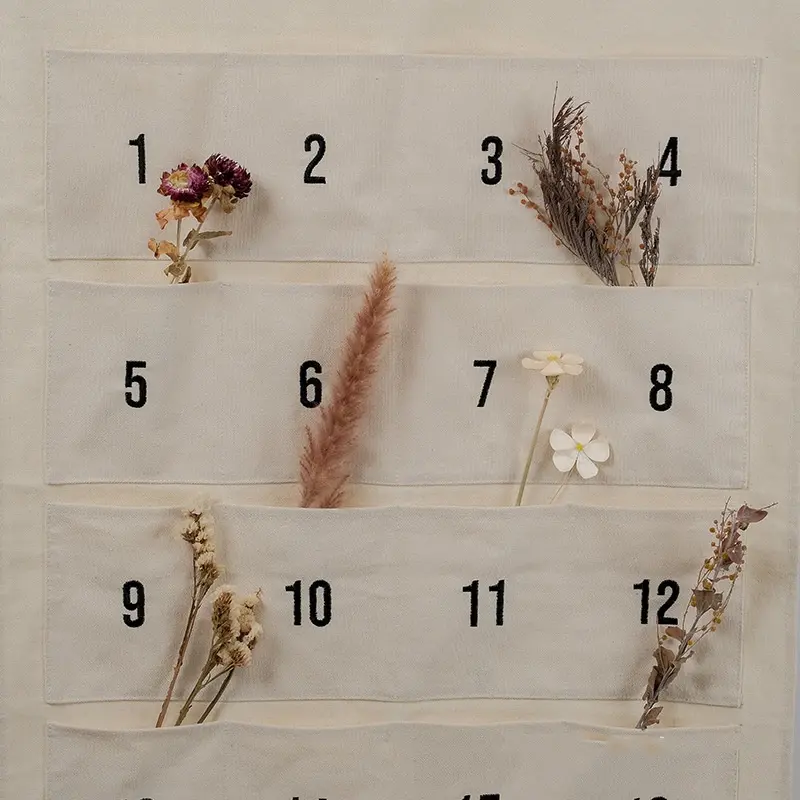 Hanging Storage Bag Christmas Advent Countdown Calendar With Pockets For Wall Door Xmas New Year Decor Canvas Beige Storage Bag