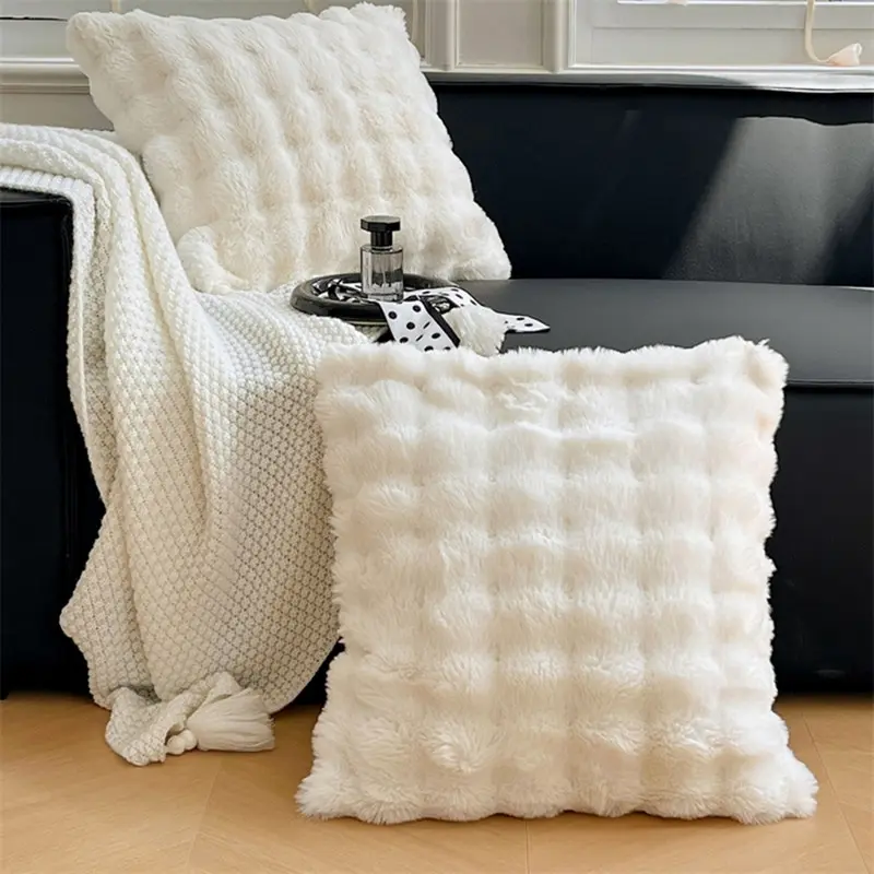 1pc Luxury Faux Rabbit Fur Cushion Cover 50*50cm Plush Milk White Throw Pillowcase for Sofa Bed Living Room Home Decor NO Inner